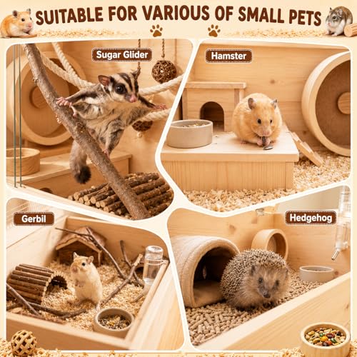 Novabright 5 Pcs Hamster Wooden Platform Set Including Hideout Climbing Tunnel Platform Coconut Hut Hamster Bed Flexible Fence Bridge Wooden House Cage Accessories for Small Animal Dwarf Syrian - style: Hideout Tunnel Set
