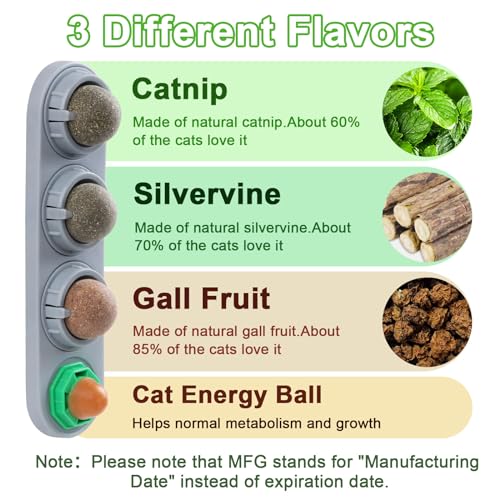 KIMOBER 4 Pack Catnip Ball for Cats,Edible Kitten Chew Toys with Catnip Silvervine Gall Fruit Flavors for Cats Lick Dental Teeth Cleaning Cats Wall Treats