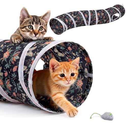 Glittme S-Shape Cat Tunnel, Foldable Cat Tunnels for Indoor Cats - color: Black Floral Butterfly