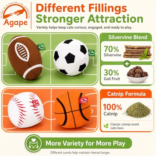 Agape Organic Catnip & Silvervine Filled Cat Toy Balls with Bell Sound - size: 4 Ball Set