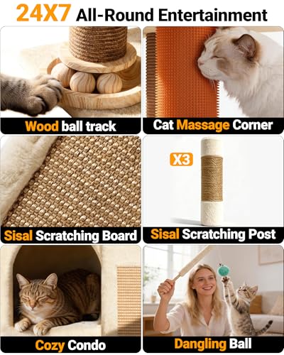 Eco-Wood Cat Tree Tower,【Small but All-in-One】with Scratching Posts, Indoor - color: Oatmeal