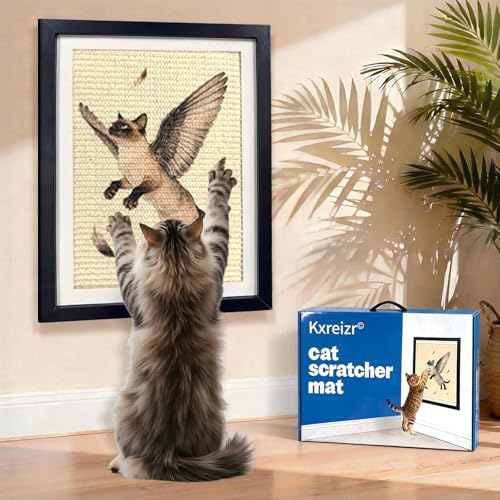 Wall Art Cat Scratcher Mat - Sisal Vertical Cat Scratch Pad with Photo Frame Design, No-Drill Wall-Mounted, 16"x12" Wall & Couch Cat Scratching Mat, 1 Extra Mat Included Free (Winged Cat) - color: Winged Cat