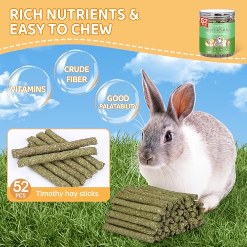 52Pcs Rabbit Chew Sticks, Guinea Pig Toys, Natural Timothy Hay Teeth Stick - size: 52P-Green-Set