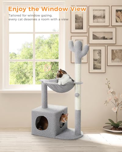 MUTTROS Cactus Cat Tree Cat Scratching Post 40" Cat Tower with Large Metal Carpet Hammock, Cat Scratching Post for Indoor Cats with Condo& Dangling Ball, Grey - color: Gray, size: 40"