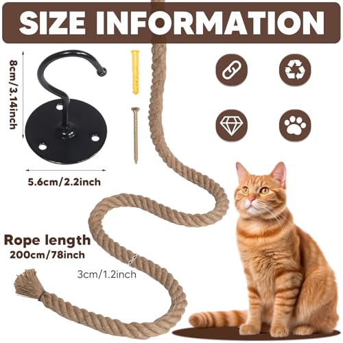 Cat Climbing Rope with Hook, Natural Jute Ropes for Ceiling & Wall Mounted