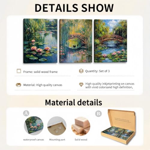 Pormipone Monet 3Pc Poster Water Lily Black Cat Under Bridge Unframed 16x24