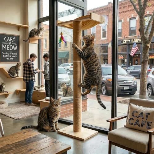 Cat Window Perch with Scratching Post, 46-Inch Tall Climbing Tree & Hammock - size: standard