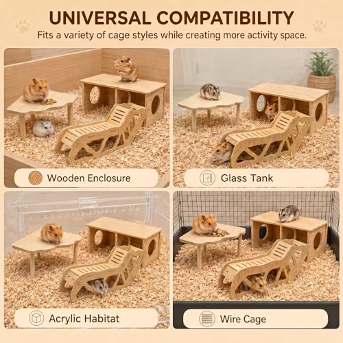 4 PCS Wooden Hamster Platform with Tunnel Ladder Hidden Area Platform