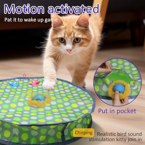 Giociv Interactive Cat Toys Ball Fast Rolling in Pouch, Motion Activate Chirping Cat Toy Hide and Seek Mouse Catching Game (Green Polka dot) - color: Green polka dot