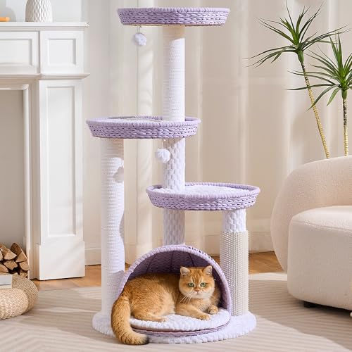 HITTITE Modern Cat Tree Tower with Scratching Post, 46 Inches Tall Cat Towers with Woven Cat Nests and Cave, Multi-Level Cat Tree With Removable Cushions and Massage Brush for Indoor Cats Large Adult. - color: 46"-Purple