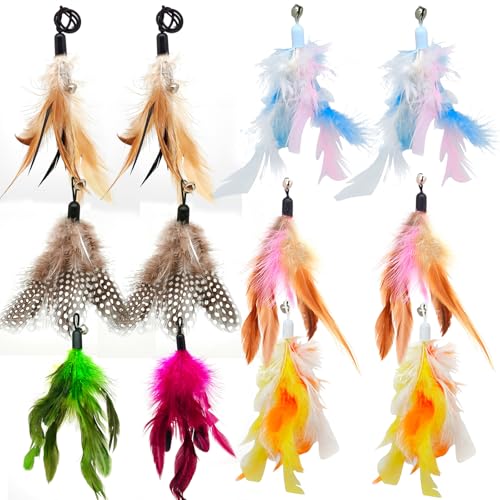 miwoowim 12 Pack Cat Wand Toy Refills with Bells, Teaser Toys Replacement - color: 12 colored feather replacements