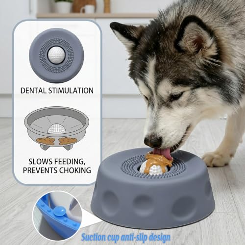 2PCS Slow Feeder Dog Bowl Lick Toy with Rolling Ball & Suction Cup - color: Blue+Yellow