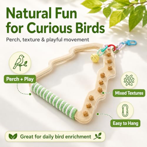 Wooden Parrot Swing Toy, Christmas Tree Shape Bird Perch with Cork Nibbles, Bell, for Budgies, Cockatiels, Conures