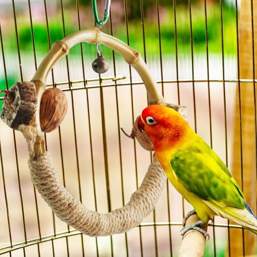 Circle Bird Swing with Bell,Bamboo Parakeet Rope Perches for Cage Ring Bird Swings Chewings Nuts Toys for Parrots Cockatiels Lovebirds Budgie - size: 【 Small Bell】