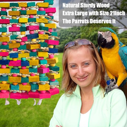 Large Bird Toys for Macaws, Stainless Steel Multicolored Wooden Blocks Bird Chewing Toy Parrot Cage Bite Toy for Macaws Cokatoos African Grey and Large Medium Parrot Birds - color: COLORFUL AND SILVER