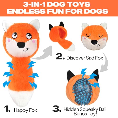 Fida Squeaky Dog Toys for Aggressive Chewers, 3 in 1, Tough Dog Ball - color: Orange Fox