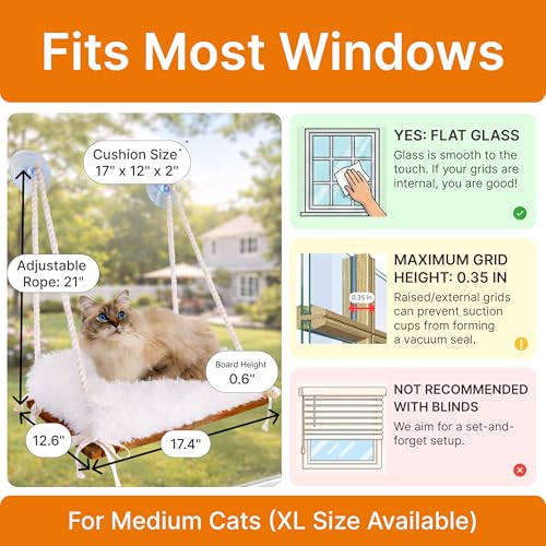 Cat Hammock with Industrial-Grade Suction Cups - Solid Pine Wood Seat, Soft Cushion - 42 lb Capacity - color: Brown/White, size: Medium