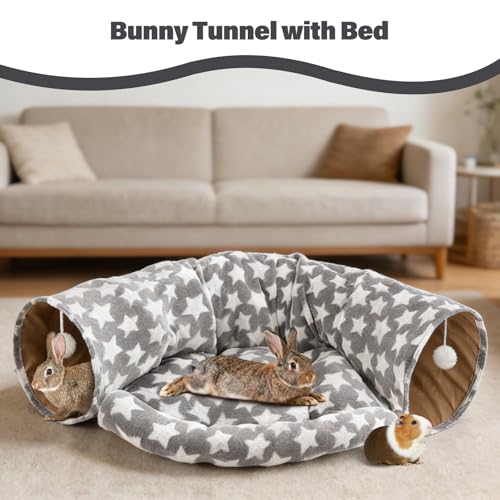 BWOGUE Bunny Tunnel Bed, 2-in-1 Collapsible Rabbit Tunnel Hideout with Mat - color: Greystar