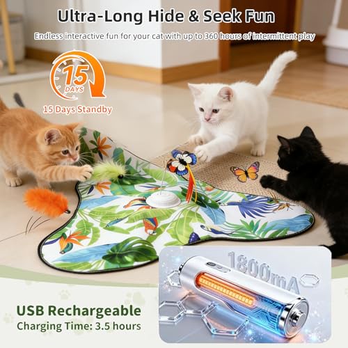 Interactive Cat Toys for Indoor Cats,Hide and Seek Cat Toys with Moving Concealed Wand Feather,Mouse Squeaky,Rechargeable Touch Activated Cat Kitten Toy for Indoor Bored Adult Cats(Green) - color: Green