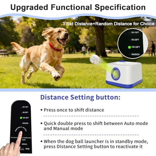 Automatic Dog Ball Launcher, Dual Auto-Manual Modes with Dog Barking Sound, Interactive Dog Fetch Toy, 3 Adjustable Distances, Dog Balls Thrower for Small & Medium Dogs, with 4 Durable ETPU Balls - color: White and Blue
