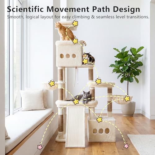 Heybly Cat Tree 72.4-Inch Anti-Tip Cat Tower with Spacious Perches HCT060MJ - color: Beige