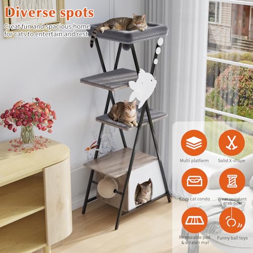 HavenlyYouth Modern Cat Tree for Indoor Cats, Tall Cat Tower with Condo, Multi-Level Cat Tree with Cave, Scratching Board,Removable Pads for Cats, X Style, Light Gray