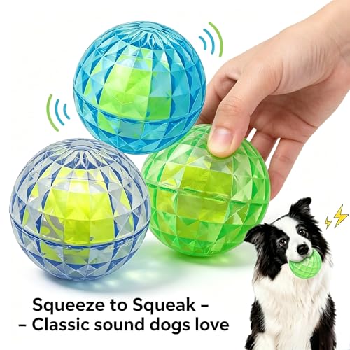 Squeaky Dog Balls 3-Pack, Ball-in-Ball Design with Inner Tennis Ball, Squeeze-to-Squeak TPR Chew Toys, High-Bounce Floating Fetch Balls for Pool Beach Training, Easy-Clean Puppy Teething Toy