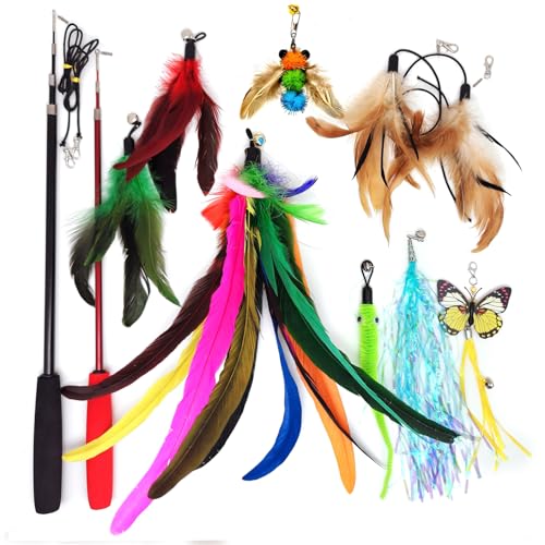 miwoowim 2PCS Retractable Cat Teaser Wands & 9PCS Feather Refills Toy Set - color: Retractable Wand Toy