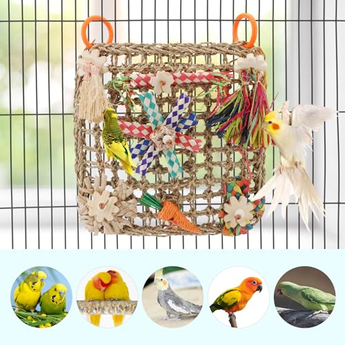 Hypeety Bird Toys Parrot Foraging Toys Bird Chew Toys Parakeet Shredding Seagrass Climbing Mat with Various Toys for Conure, Cockatiel, Lovebird, Parakeet, Budgie (L(Carrot)) - color: L(Carrot)