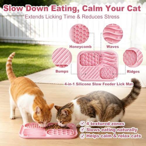 AZY 3-Piece Slow Feeder Cat Bowl Set with Strong Suction Cups - color: pink
