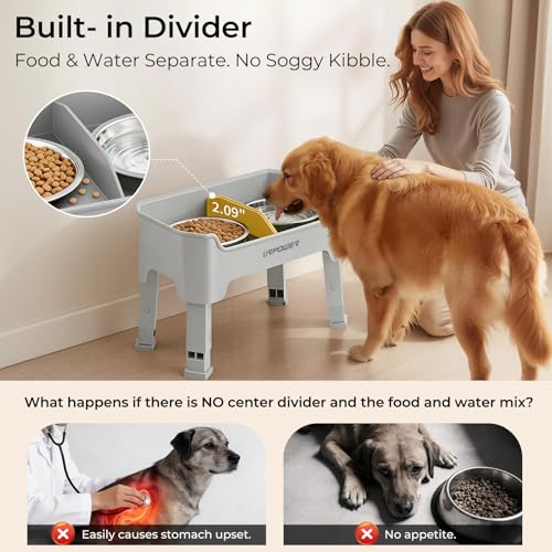 URPOWER Mess Proof Elevated Dog Bowls, Splash Guard Raised Bowl Stand - color: Light Grey, size: Medium