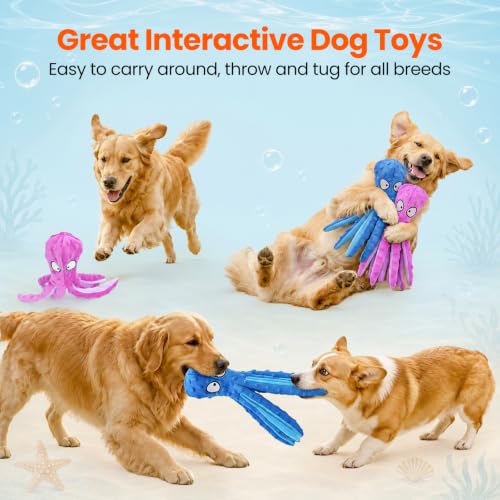 HGB Squeaky Dog Toys No Stuffing Octopus Crinkle for Large Medium Small Dog - color: Octopus Purple & Blue