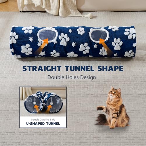 Straight Cat Tunnel for Indoor Cats 47"x12", Blue Paw - color: Blue Paw, size: Straight