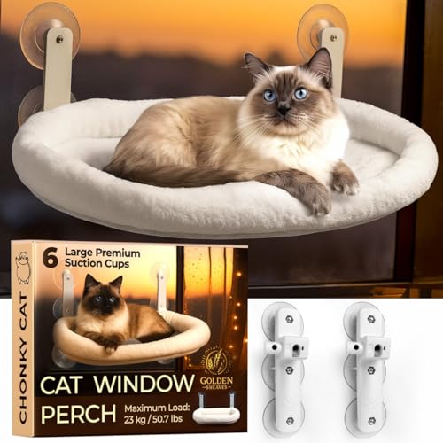 Cat Window Perch – Strong 6 Suction Cup Foldable Cat Hammock Bed for Large Cats and Kittens that Holds up to 50 lbs with Washable Reversible Cover, Sturdy Metal Frame for Window (White) - color: White