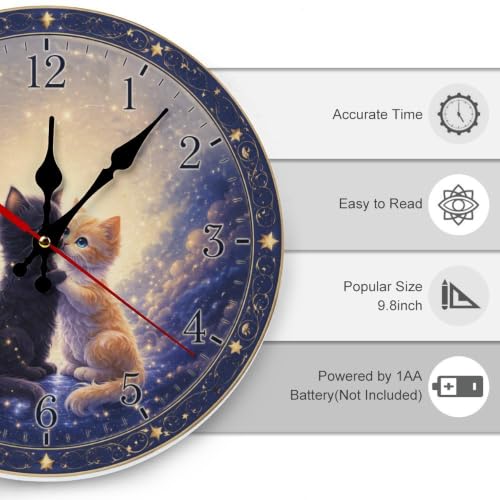 Two Cats Embrace Under a Starry Sky with a Heart-Shaped Moon. Round Wooden Wall Clock - color: Color12580, size: 11.8x11.8in