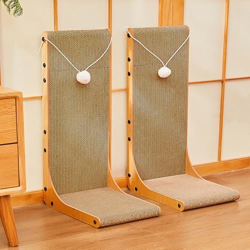 Value 2-Pack 23.6 Inch L-Shaped Cardboard Cat Scratcher, Dual Use (Vert/Horiz) Scratch Pad with Toy Balls, Wall-Mountable Furniture Protector Cat Scratchers for Indoor Cats - size: 23.6 Inch 2- Pack