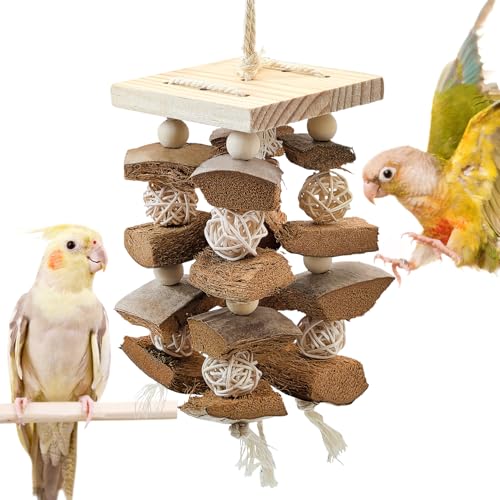PINVNBY Bird Toys Parrot Toys, Natural Wood Bird Chewing Toys, Parakeet Hanging Toys for African Grey Macaws Cockatoos Eclectus Small and Medium Parrots(with Coconut Shell) - size: D: With Coconut Shell