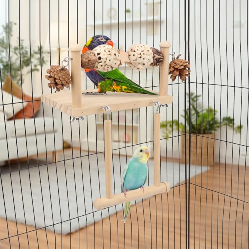 Litewoo Wooden Bird Swing Perch Platform with Chew Toys for Parrot, B - color: Two Sola Balls