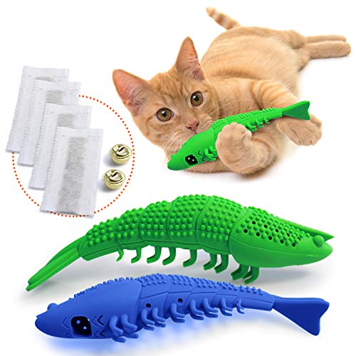 Ronton Catnip Toy - Durable Hard Rubber - Cat Dental Care, Cat Interactive Toothbrush Chew Toy (2 Pack Green & Blue (Shrimp)) - size: 2 Pack (Shrimp)