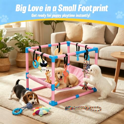 Pink Puppy Play Gym with 8 Hanging Toys - color: Pink, size: 22.28x16.65x17.71in