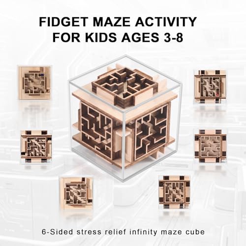 Fidget Brain Teaser Games for Kids: Wooden Puzzle Fidget Toy for Toddlers - Handheld Maze Puzzle Cube for Travel - 3D Labyrinth Game Road Trip Toys for Boys & Girls Ages 3-8