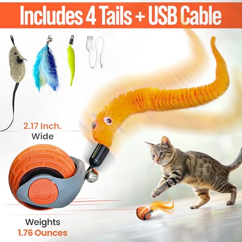 Interactive Cat Toy for Indoor Cats & Kittens – GlobalSun Speedy Tail 2.0 Motion Activated Automatic Cat Toy Ball – USB Rechargeable Moving Ball with 4 Tails Including Mouse for Enrichment