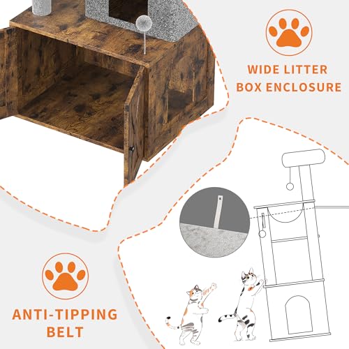 2-in-1 Cat Tree with Hidden Litter Box Enclosure, Multi-Level Cat Tower with Scratching Post and Dangling Balls, Spacious Hammock, Indoor Cat Condo, Rustic Brown