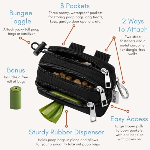 Dog Poop Bag Holder for Leashes and Treat Holder with 3 Waterproof Pouches - color: Midnight