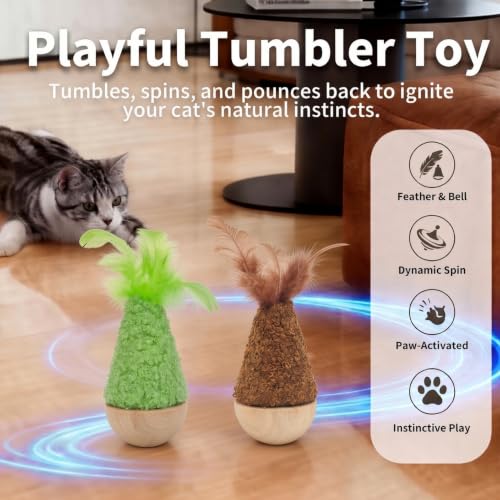 2 Pack Cat Feather Toys Wooden Tumbler - Interactive Wobble Self-Righting Plush Stuffed Toys for Indoor Cats & Kittens, Catnip Free Cute Kicker Chaser Set