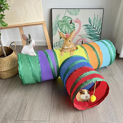 3-Way Collapsible Cat Tunnel Tube Toy Rainbow T-Shape - color: Rainbow T