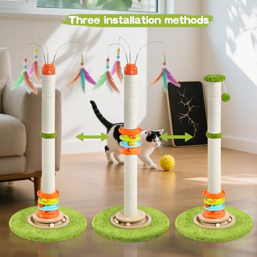 YARUOMY Tall Cat Scratching Post，40'' Cat Scratcher Tree Cat Toys for Indoor Cats with Cat Toys 4-Tier Roller Track，Automatically Rotating cat Teaser Wand，Hanging Balls for Kittens Adults Cats