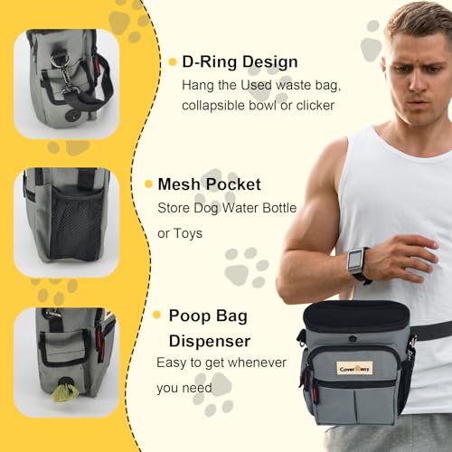 Dog Treat Pouch Open Top for Quick & Spill-Proof Access, Removable Pouch|Poop Bag Dispenser|3 Ways to Wear, Dog Treat Bag - Collapsible Bowl, Training Clicker & Poop Bag for Training & Walking. (Grey) - color: Grey