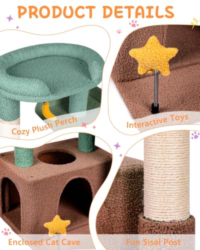 Small Cat Tree for Kittens, 30" Compact Cat Tower with Wide Base - color: Olive Green