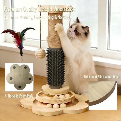 Wooden Cat Scratching Post, 4 in 1 Cat Scratcher Kitten Toys - color: 17.7" Post with Brush